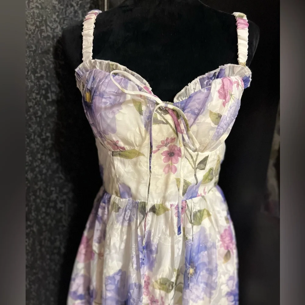 💜LULUS Hillela Ivory Floral Ruffled Lace-Up Midi Skater Dress💜SZ L- NWT - Picture 13 of 16
